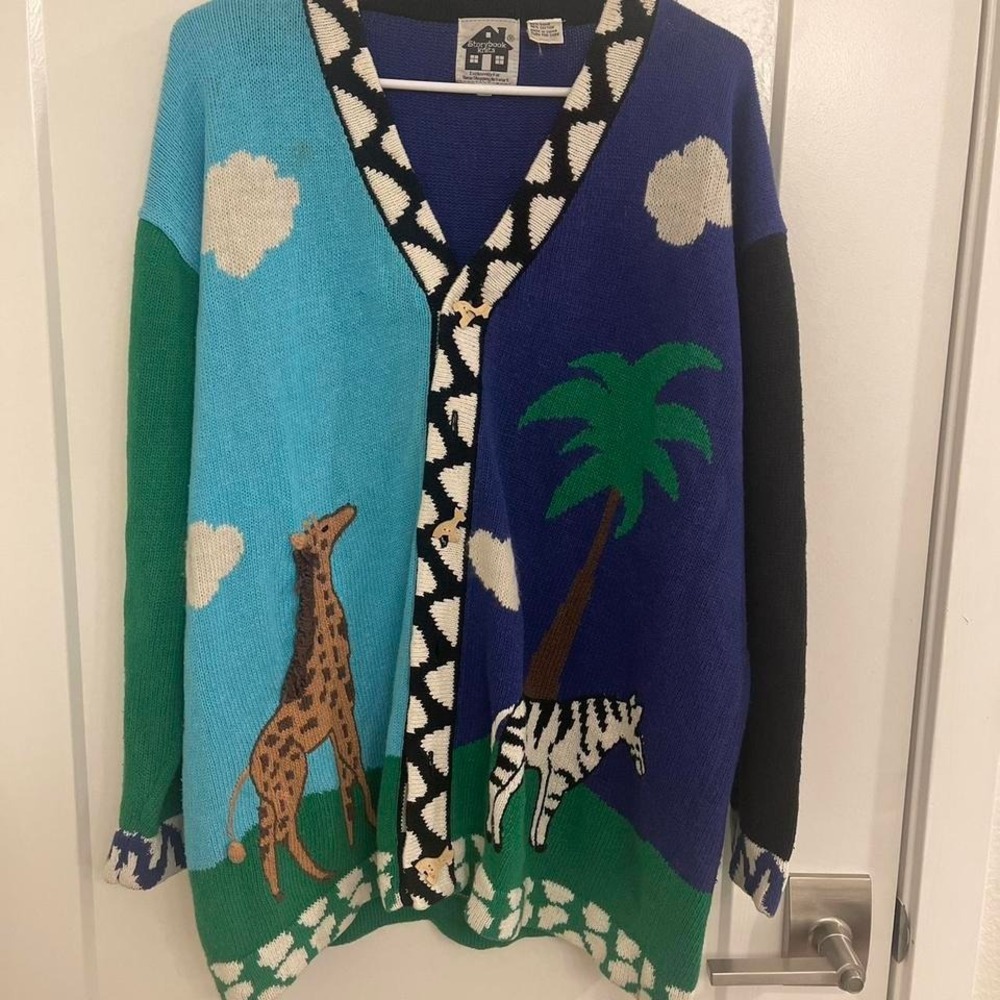 Vintage Storybook Knit Animal Print Zoo Cardigan Teacher Core Retro Fun